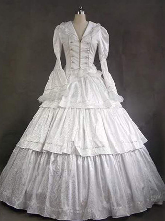 ホワイト フリル袖のエレガントなビクトリア朝のボールガウンヴィンテージドレス