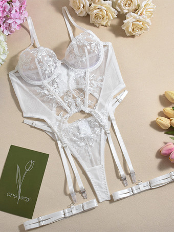 Weiße sexy BH-Sets 3-teiliges Hochzeits-BH-Höschen-Set mit transparenter Applikation für Erwachsene