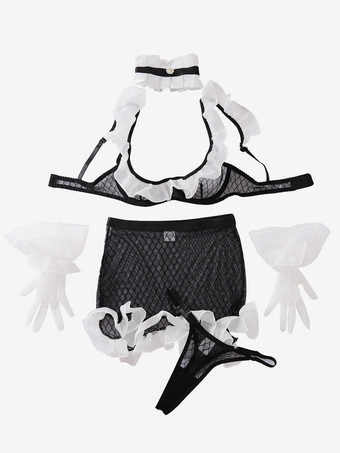 ブラセット セクシー フレンチメイド バックレス セクシー ブラック 5点 大人用 ブラ パンティ セット