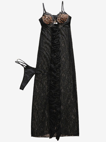 レディース シュミーズ セクシー ヒョウ柄 レース スカート ブラック ポリエステル 2ピース セクシー ランジェリー