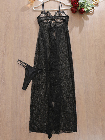 レディース シュミーズ セクシー ヒョウ柄 レース スカート ブラック ポリエステル 2ピース セクシー ランジェリー