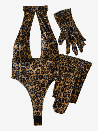 テディ レディース セクシー ヒョウ柄 カットアウト コーヒーブラウン 3ピース レディース ランジェリー