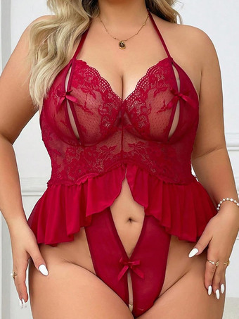 BurgunderrotPlus Size Teddy Damen Dessous Cut Out Burgunder 2-teiliger Damen Teddy