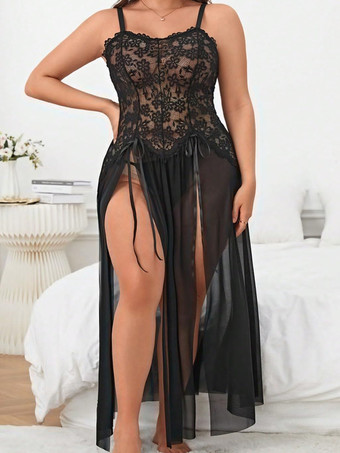 プラスサイズ レディース ランジェリー ブラック スプリットフロント メッシュ セクシー ベビードール