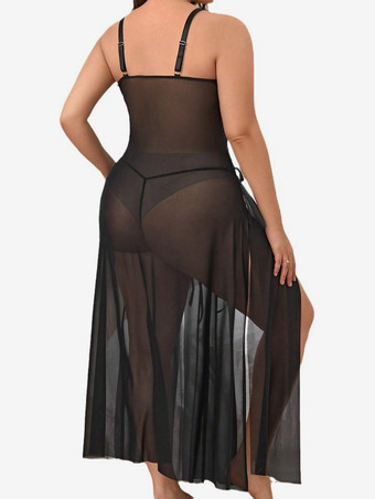 プラスサイズ レディース ランジェリー ブラック スプリットフロント メッシュ セクシー ベビードール