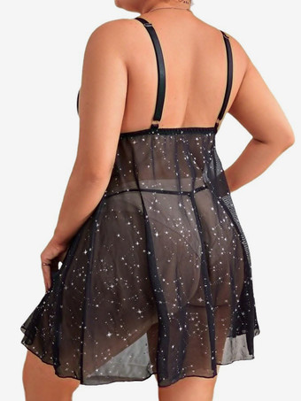 プラスサイズ レディース ランジェリー セクシー ブラック 2ピース メッシュ ベビードール