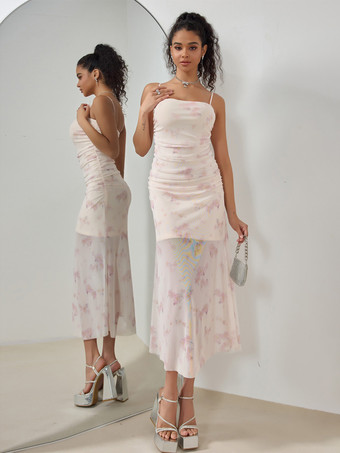 ピンクの花柄ドレス 夏 カジュアル スリップ ミディドレス レディース 2025