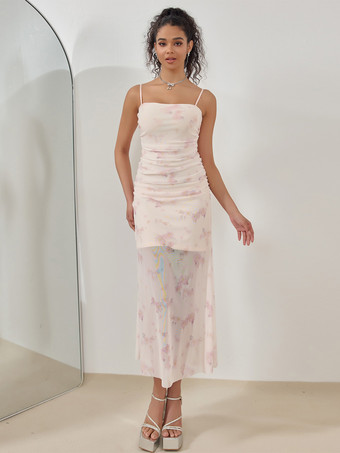 ピンクの花柄ドレス 夏 カジュアル スリップ ミディドレス レディース 2025