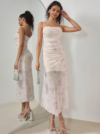 ピンクの花柄ドレス 夏 カジュアル スリップ ミディドレス レディース 2025