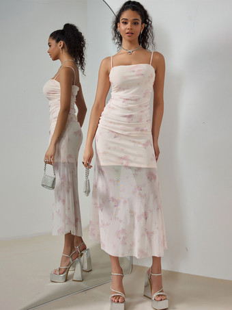 ピンクの花柄ドレス 夏 カジュアル スリップ ミディドレス レディース 2025