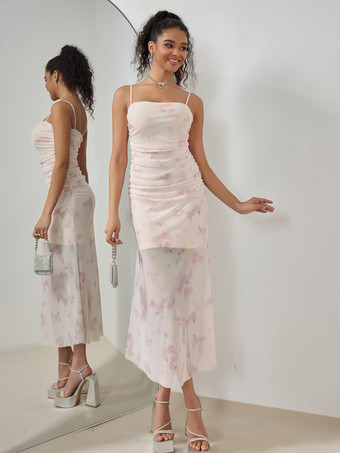 ピンクの花柄ドレス 夏 カジュアル スリップ ミディドレス レディース 2025