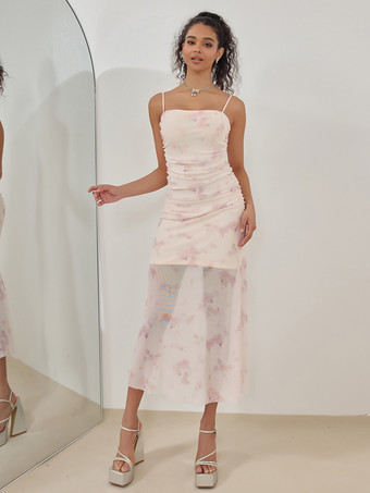 ピンクの花柄ドレス 夏 カジュアル スリップ ミディドレス レディース 2025