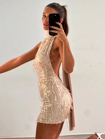 アプリコットスパンコールホルタードレスキラキラミニパーティードレスレディース2026