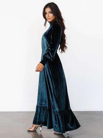 Vestido largo vintage de terciopelo con mangas de obispo y cuello alto para mujer 2025