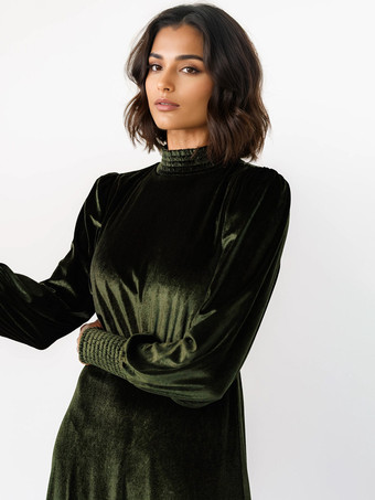 Vestido largo vintage de terciopelo con mangas de obispo y cuello alto para mujer 2025