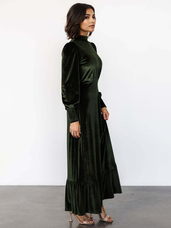 Vestido largo vintage de terciopelo con mangas de obispo y cuello alto para mujer 2025