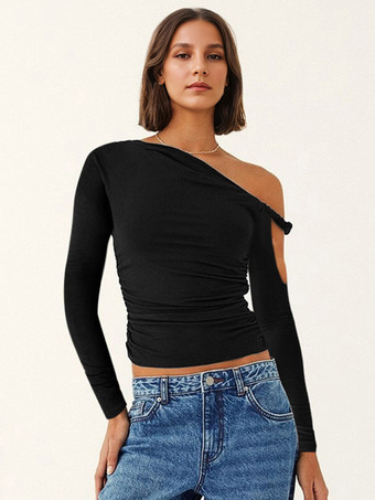 ブラック ルーシュロングスリーブトップスアシンメトリーワンショルダースプリングTシャツレディース2025