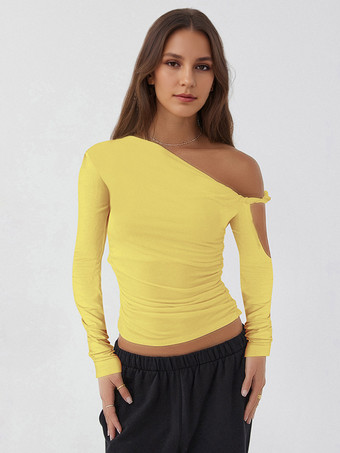 イエロールーシュロングスリーブトップスアシンメトリーワンショルダースプリングTシャツレディース2025