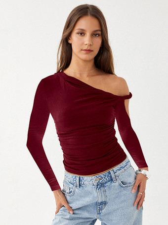 ワインレッド ルーシュロングスリーブトップスアシンメトリーワンショルダースプリングTシャツレディース2025