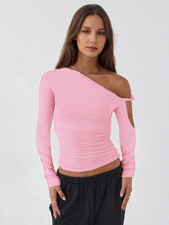 ピンクルーシュロングスリーブトップスアシンメトリーワンショルダースプリングTシャツレディース2025