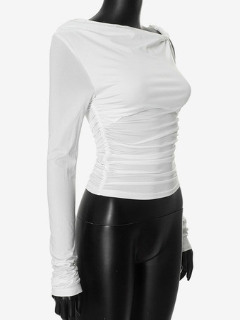 ルーシュロングスリーブトップスアシンメトリーワンショルダースプリングTシャツレディース2025