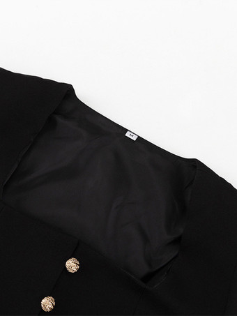 スクエアネック ボタンアップ ブレザー ジャケット ゴールドボタン付き スリムフィット ブラック トップス レディース 2025