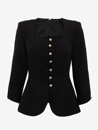 スクエアネック ボタンアップ ブレザー ジャケット ゴールドボタン付き スリムフィット ブラック トップス レディース 2025