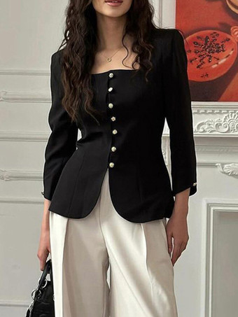 スクエアネック ボタンアップ ブレザー ジャケット ゴールドボタン付き スリムフィット ブラック トップス レディース 2025