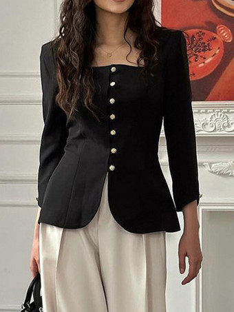 スクエアネック ボタンアップ ブレザー ジャケット ゴールドボタン付き スリムフィット ブラック トップス レディース 2025