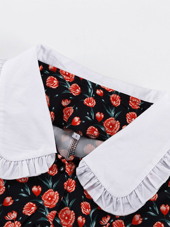 ピーターパンカラーフローラルドレスビショップスリーブヴィンテージロングドレスレディース2025