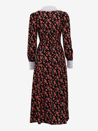 ピーターパンカラーフローラルドレスビショップスリーブヴィンテージロングドレスレディース2025