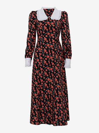 ピーターパンカラーフローラルドレスビショップスリーブヴィンテージロングドレスレディース2025