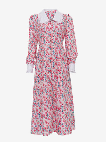 ピーターパンカラーフローラルドレスビショップスリーブヴィンテージロングドレスレディース2025