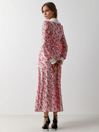 ピーターパンカラーフローラルドレスビショップスリーブヴィンテージロングドレスレディース2025