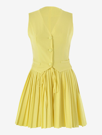 スリムフィットベストとプリーツスカートのツーピースコーデセット（レディース）夏コーデ 2025