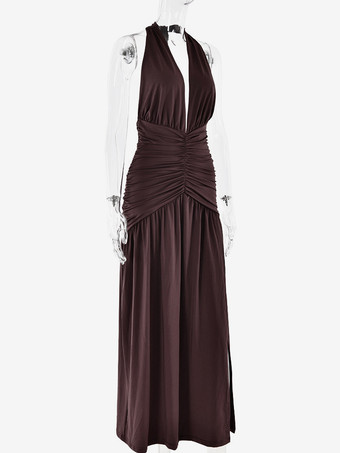 ホルターネック ルーシュ スリット ドレス セクシー マキシ パーティー ドレス レディース 2025