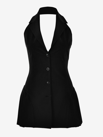 ブラック ホルターネック ブレザー ドレス ノースリーブ プリーツ裾 ミニドレス レディース 2026