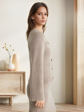 ブラウンクルーネック ニットカーディガン 春 カジュアル トップス レディース 2025