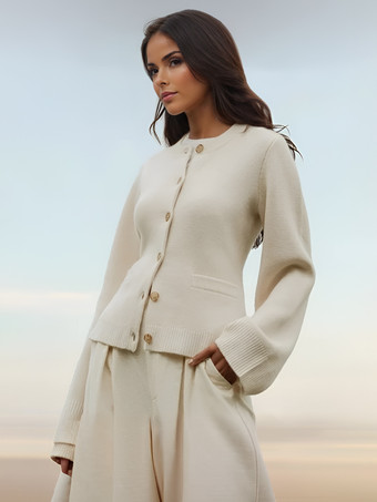 アイボリー クルーネック ニットカーディガン 春 カジュアル トップス レディース 2025