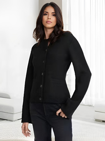 ブラック クルーネック ニットカーディガン 春 カジュアル トップス レディース 2025