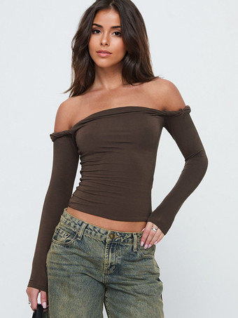 ブラウンロングスリーブトップ オフショルダー 春 ベーシック Tシャツ レディース 2025