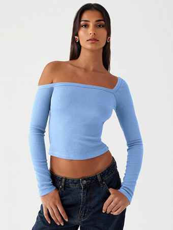 ライトスカイブルー非対称長袖トップスワンショルダー春ベーシックTシャツレディース2025