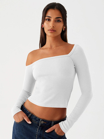 ホワイト 非対称長袖トップスワンショルダー春ベーシックTシャツレディース2025