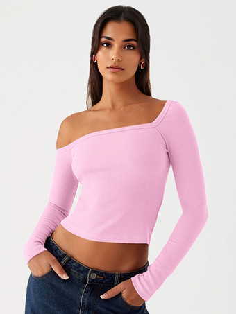 ピンク非対称長袖トップスワンショルダー春ベーシックTシャツレディース2025