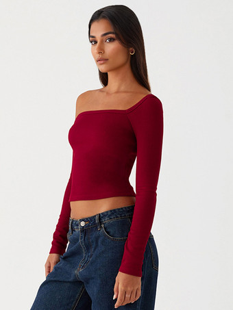 非対称長袖トップスワンショルダー春ベーシックTシャツレディース2025