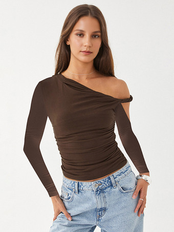 ブラウンルーシュロングスリーブトップスアシンメトリーワンショルダースプリングTシャツレディース2025