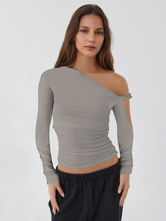 グレイルーシュロングスリーブトップスアシンメトリーワンショルダースプリングTシャツレディース2025