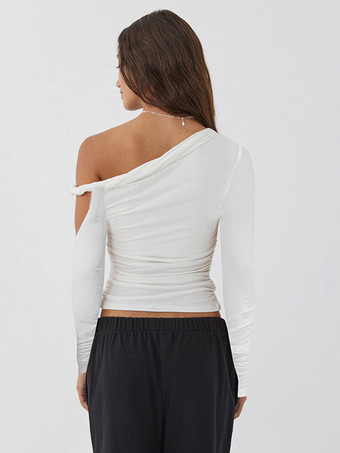 ルーシュロングスリーブトップスアシンメトリーワンショルダースプリングTシャツレディース2025