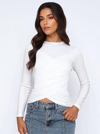 ホワイト クリスクロス クロップトップ ロングスリーブ 春 ベーシック T シャツ レディース 2025