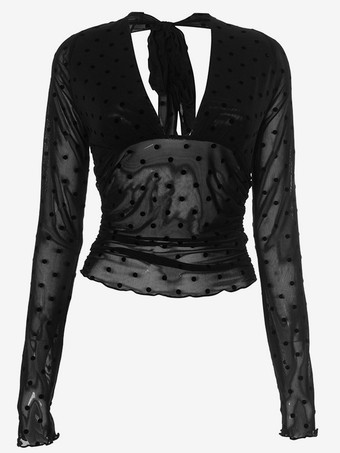 透け感のあるドットメッシュクロップトップ ディープVネック セクシーブラウス レディース 2025